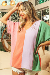 Air Flow Color Block Roll Up Sleeve V-Neck Top