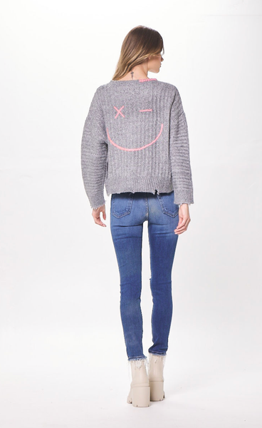 Vintage Havana - Steel Grey W/Hot Pink Embroidery Happy Face Sweater