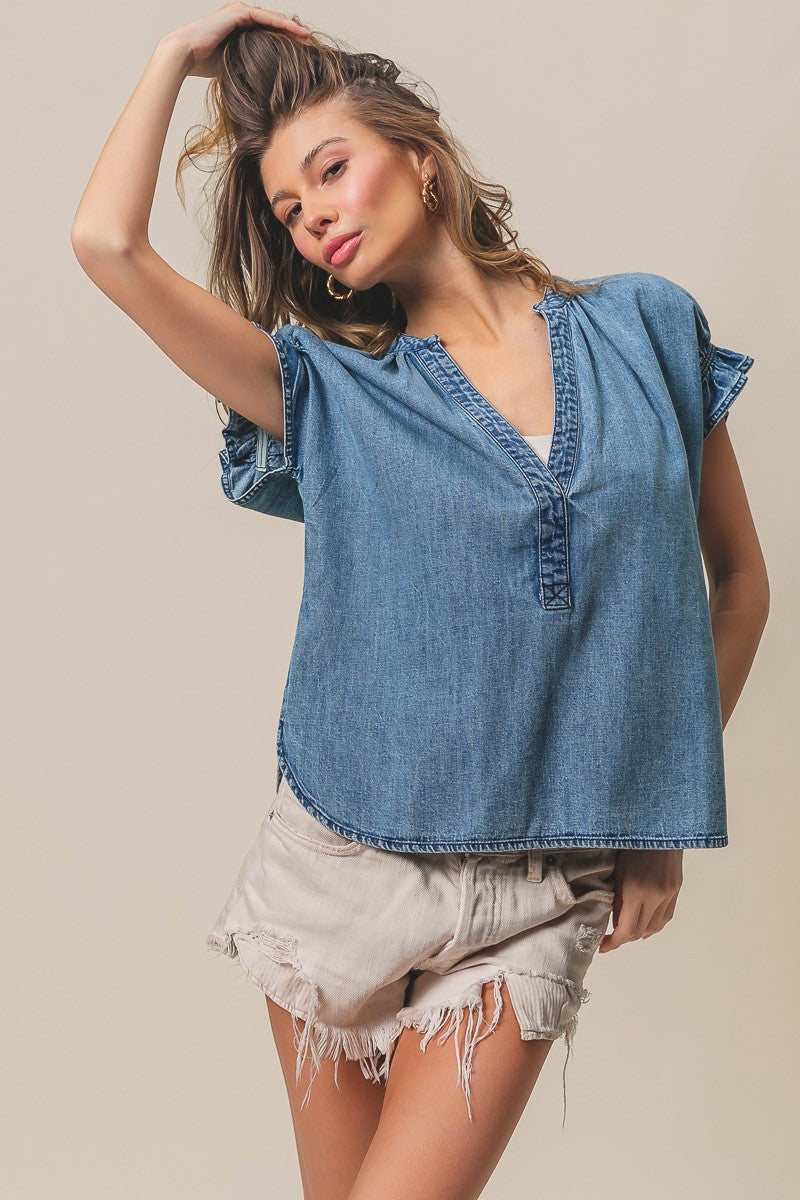 Ruffled Washed Denim Top