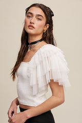 Tiered Ruffle Sleeve Smocked Square Neck Top