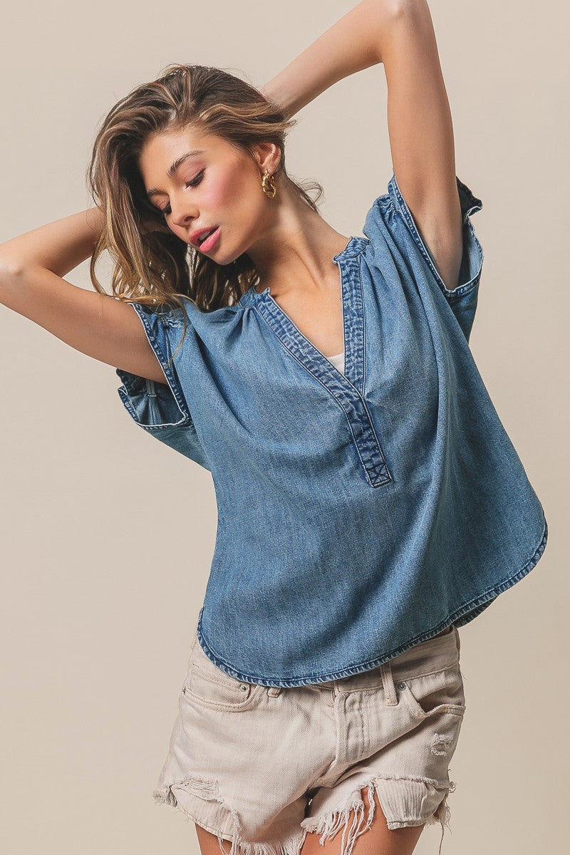 Ruffled Washed Denim Top