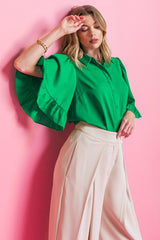 Green solid woven top featuring shirt collar