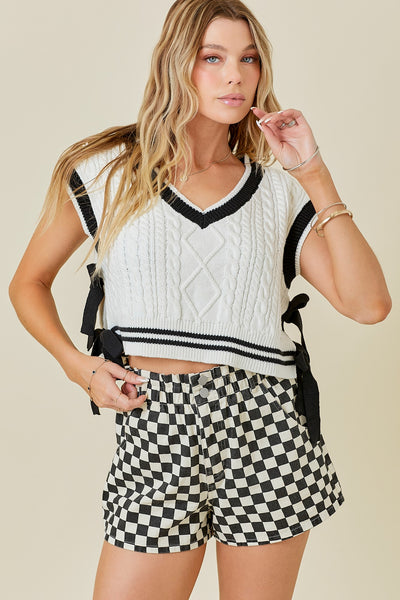 V-Neck Sweater Contrasting Stripe Bow Detail Vest