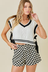 V-Neck Sweater Contrasting Stripe Bow Detail Vest