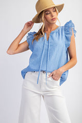Wing Sleeve Square Pattern Poly Woven Top