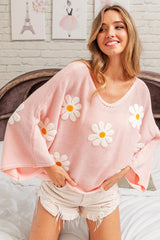 Daisy Flower Embroidery Loose Fit Knit Top