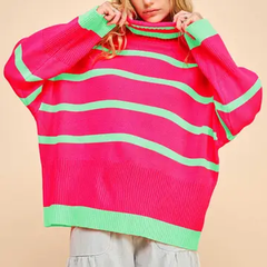 Striped Oversized Roomy Turtle Neck Sweater Top