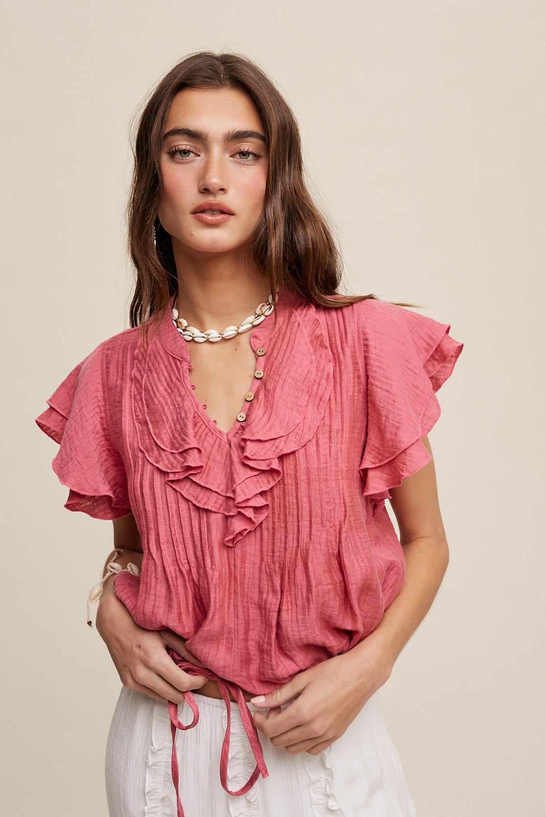 Ruffled Button Front Tie Waist Blouse Top