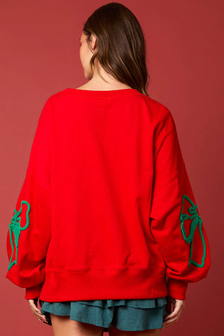 Christmas Color Bow Thread Embroidery Oversized Sweatshirts