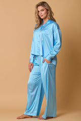 Satin Stripe Pajama Set with Bow Embroidery