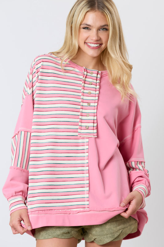 Thermal Stripe & Color Block Oversized Sweatshirt