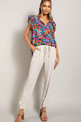 Floral Drawstring Short Sleeve Top