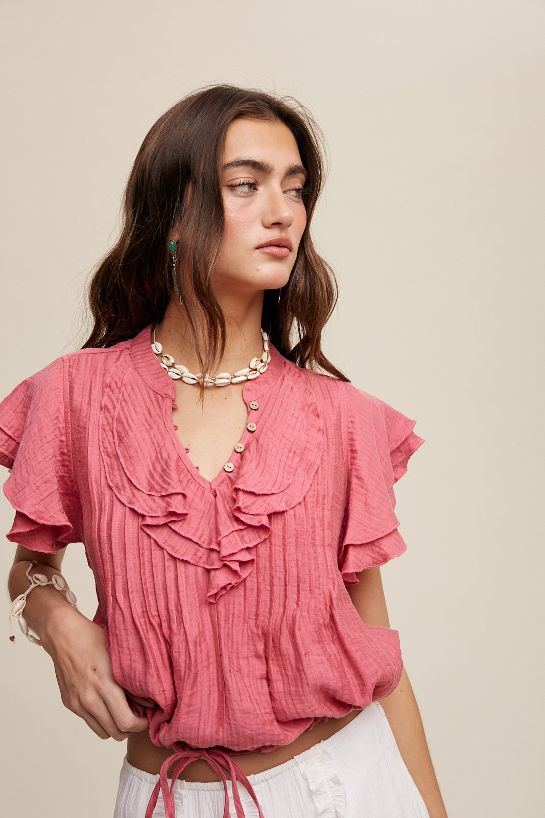 Ruffled Button Front Tie Waist Blouse Top