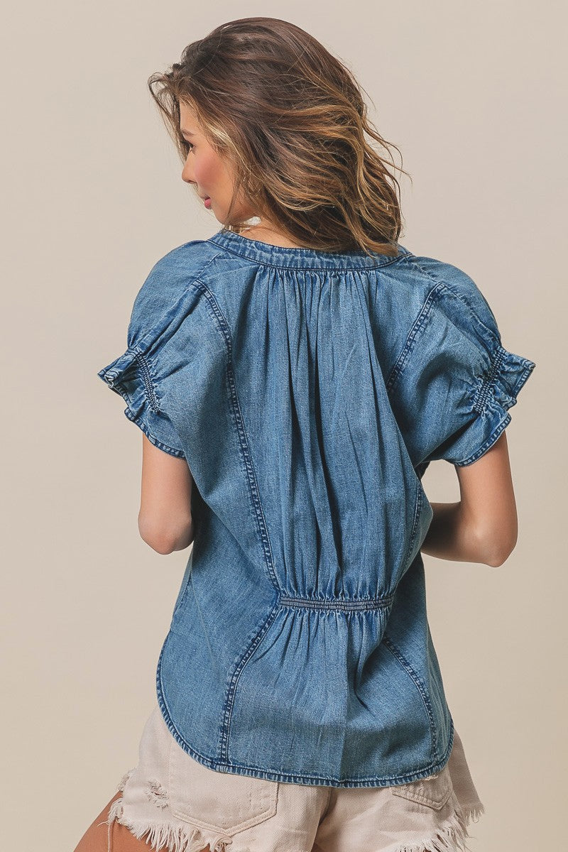 Ruffled Washed Denim Top