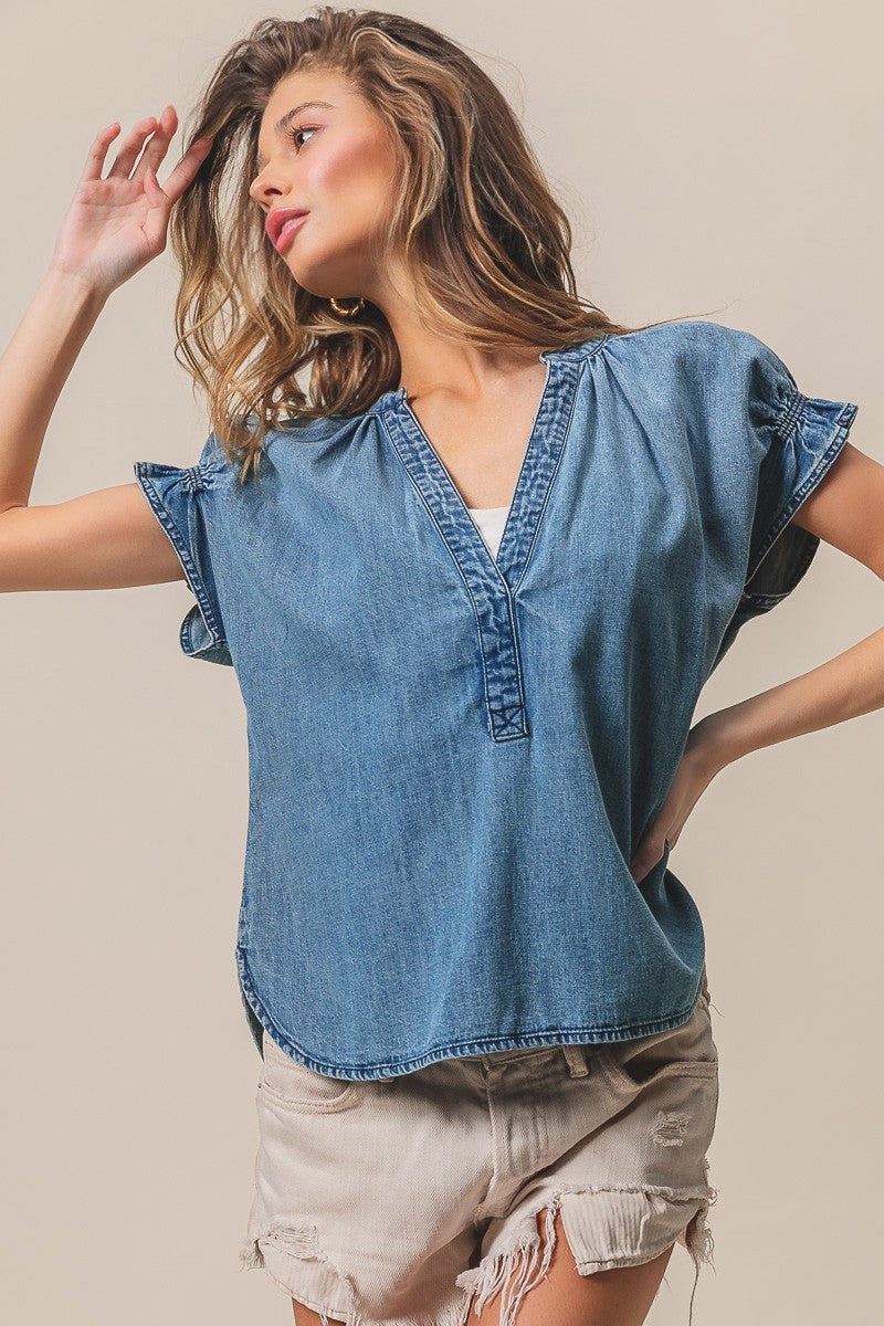 Ruffled Washed Denim Top