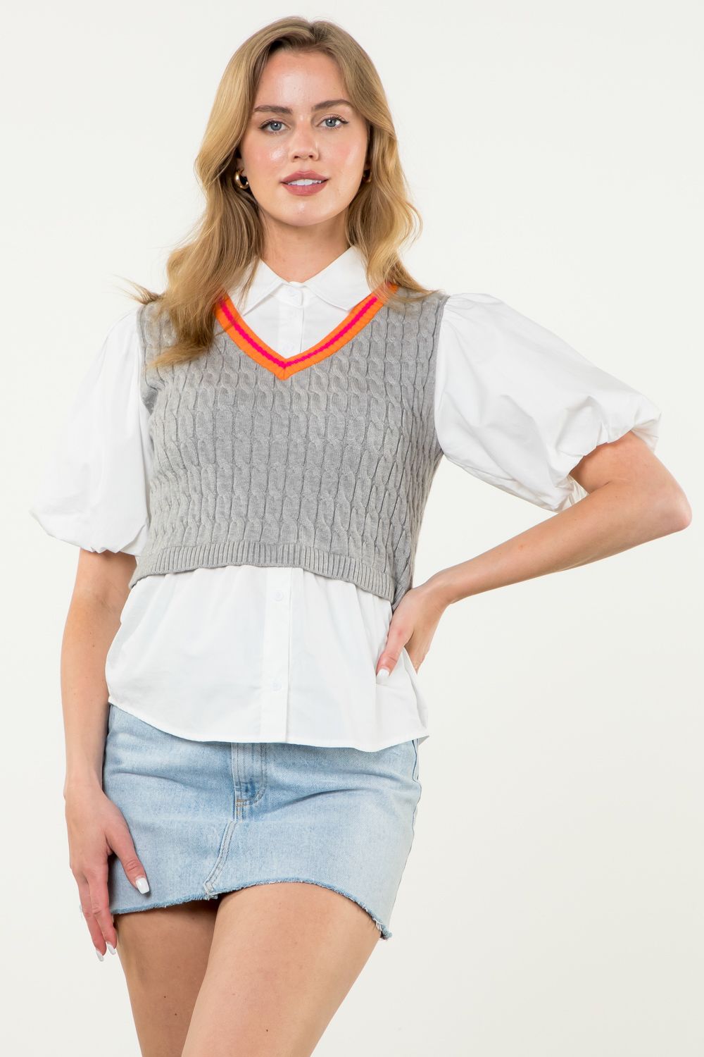 Poplin Sleeve Knit Top