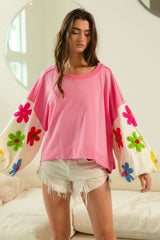 Long sleeve Colorblock Sweatshirts with Daisy Patch