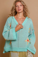 Chenille Out Seam V-Neck Long Sleeve Relaxed Fit Sweater