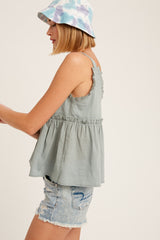 Textured Cotton V-Neck Ruffle Camisole Top