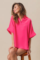 Short Dolman Sleeve Collared V-Neck Silky Top