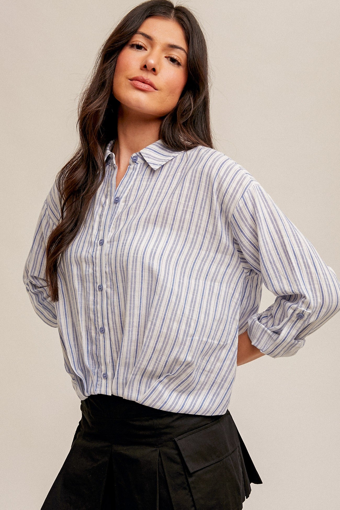 Pleated Hem Stripe Button Down Shirt