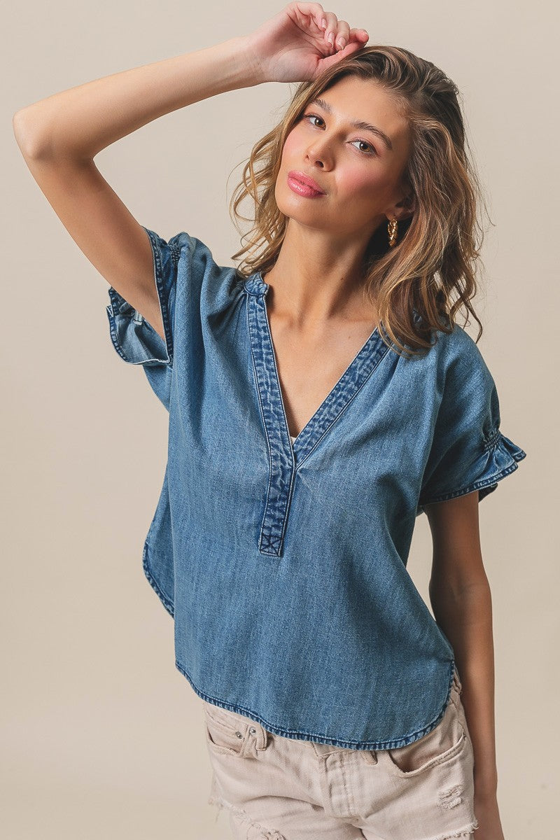 Ruffled Washed Denim Top