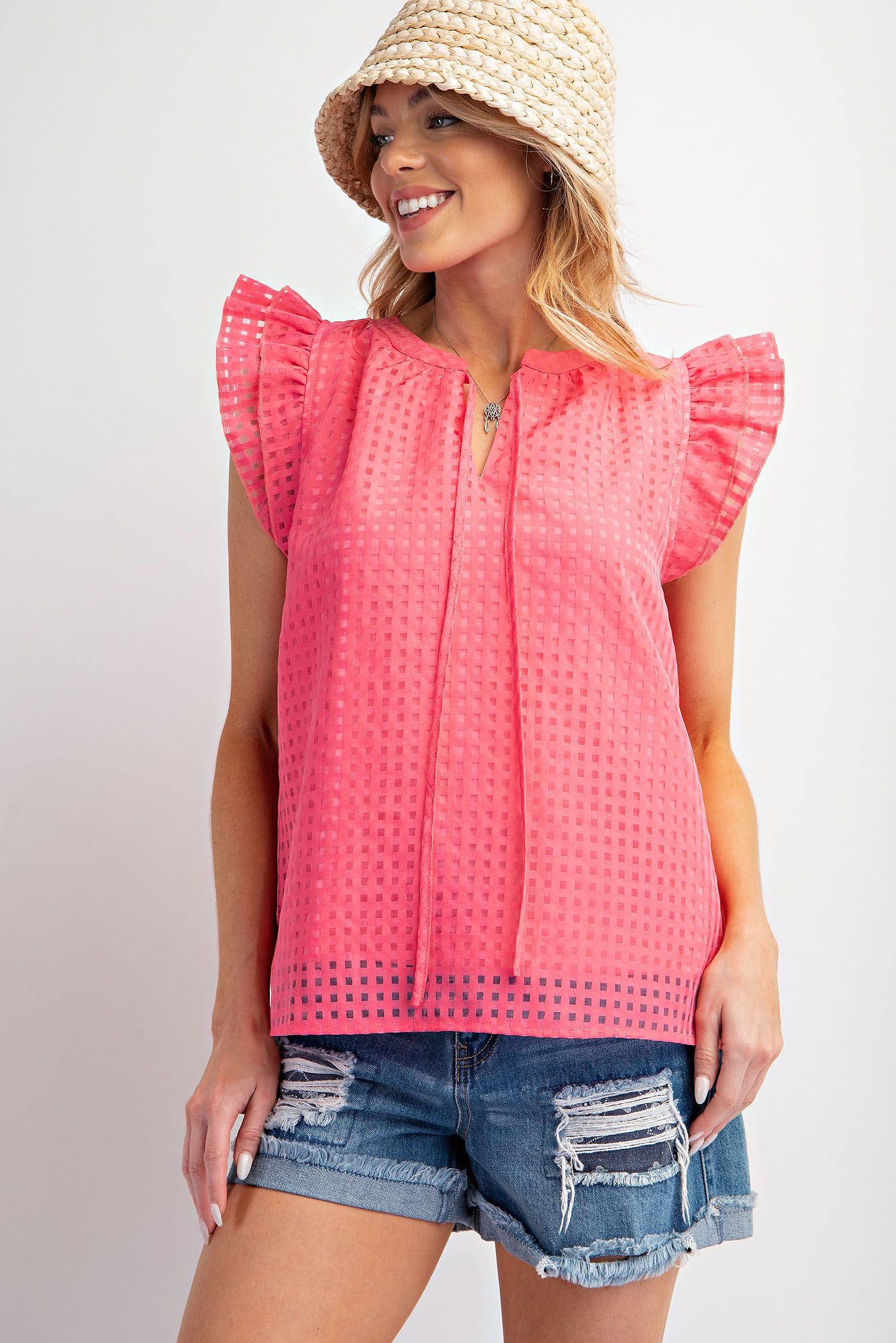 Wing Sleeve Square Pattern Poly Woven Top