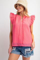 Wing Sleeve Square Pattern Poly Woven Top