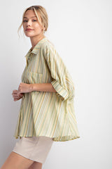 Oversized Short Sleeve Striped Button Down Top