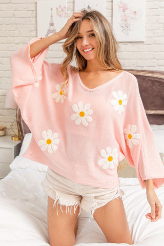 Daisy Flower Embroidery Loose Fit Knit Top