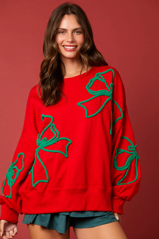 Christmas Color Bow Thread Embroidery Oversized Sweatshirts