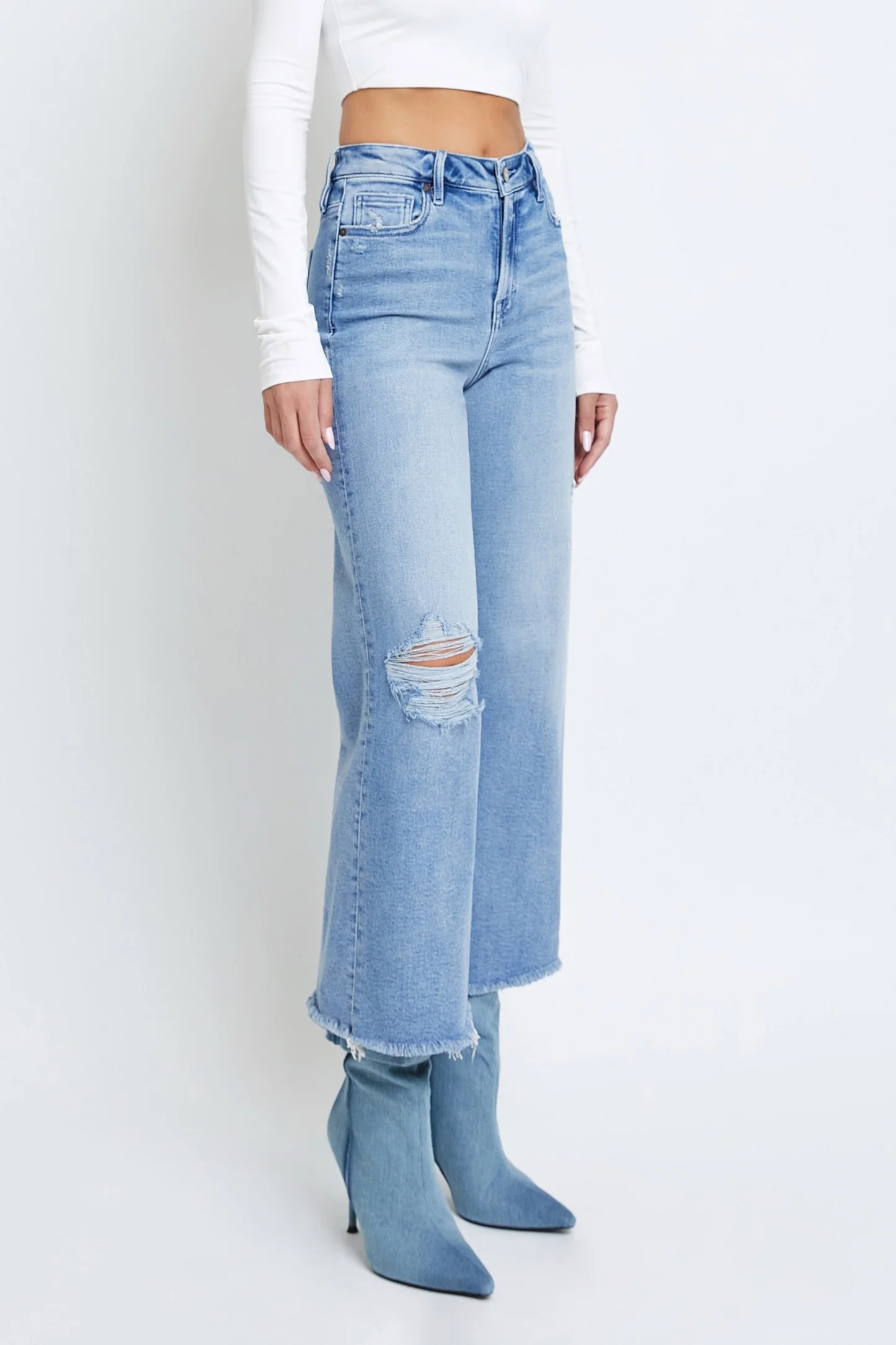 Hidden - Vintage Wash Knee Distressed Cropped Wideleg Jeans