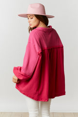 Thermal-Cotton Gauze Mix Loose Fit Balloon Sleeve Collard Top