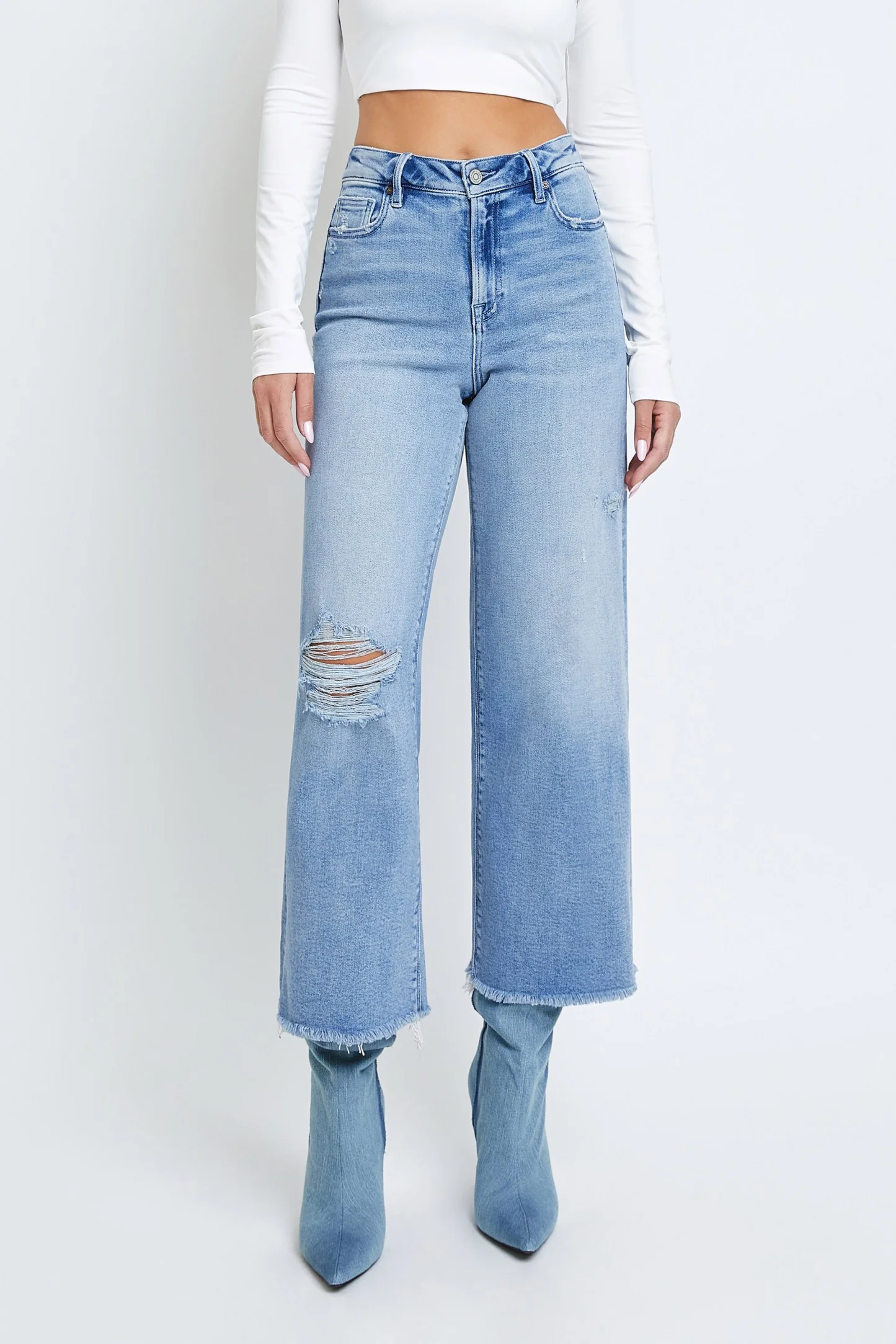 Hidden - Vintage Wash Knee Distressed Cropped Wideleg Jeans