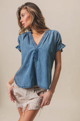 Ruffled Washed Denim Top