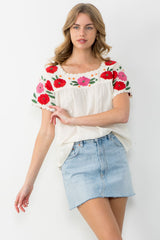 Flower Embroidered Short Sleeve Top