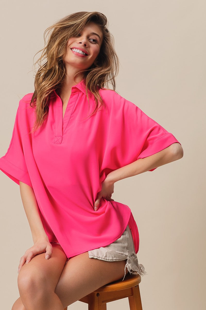 Short Dolman Sleeve Collared V-Neck Silky Top