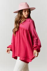 Thermal-Cotton Gauze Mix Loose Fit Balloon Sleeve Collard Top