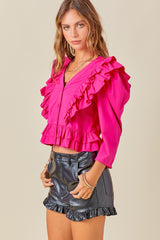 V-Neck Button Down Ruffle Blouse
