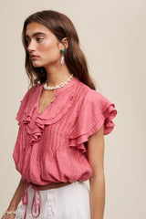 Ruffled Button Front Tie Waist Blouse Top