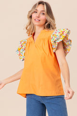 Floral Ruffled Sleeve V-Neck Top