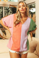 Air Flow Color Block Roll Up Sleeve V-Neck Top