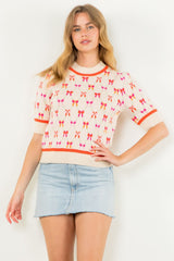 Short Sleeve Ribbon Pattern Knit Top