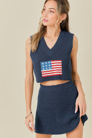 Flag Print Cropped Top And Mini Skirt Sweater Set