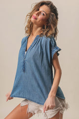 Ruffled Washed Denim Top