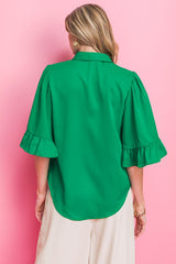 Green solid woven top featuring shirt collar