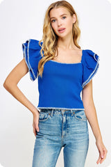 Embroidered Double Ruffle Short Sleeve Knit Top