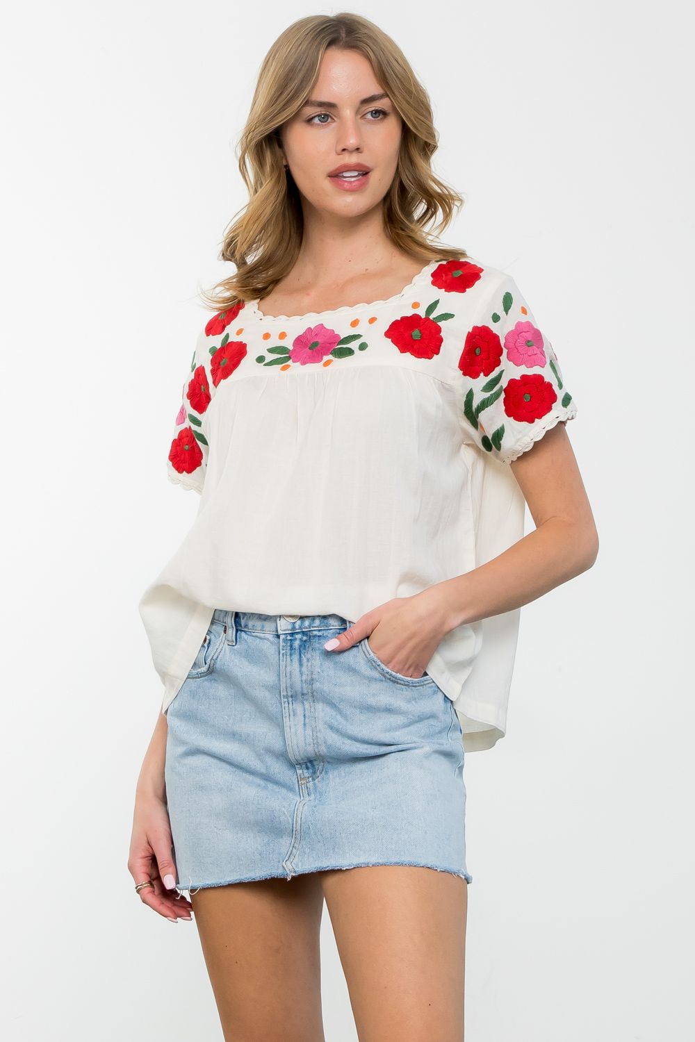 Flower Embroidered Short Sleeve Top