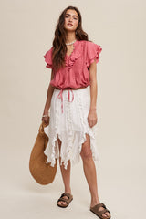 Ruffled Button Front Tie Waist Blouse Top