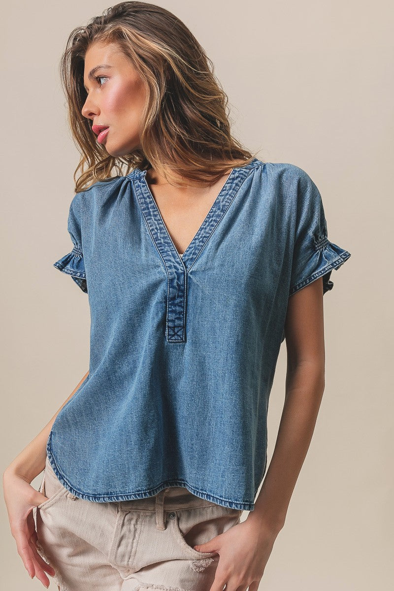 Ruffled Washed Denim Top